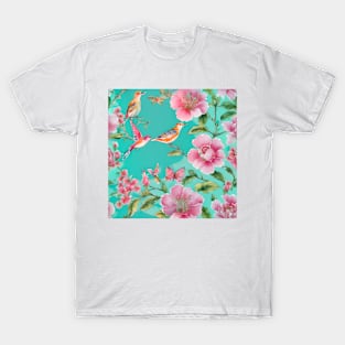 Pink and turquoise chinoiserie flowers and birds T-Shirt